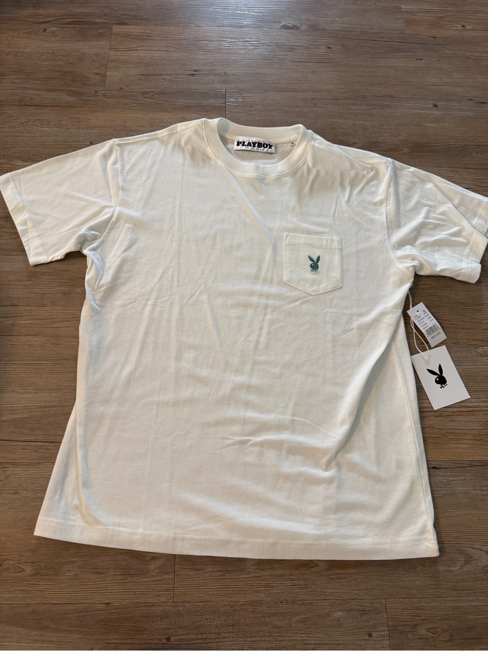 PLAYBOY White Short Sleeve Pocket Tee with Green Bunny Logo Men’s Medium